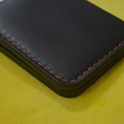 Black Leather Bifold Wallet - Red Contrast Stitch